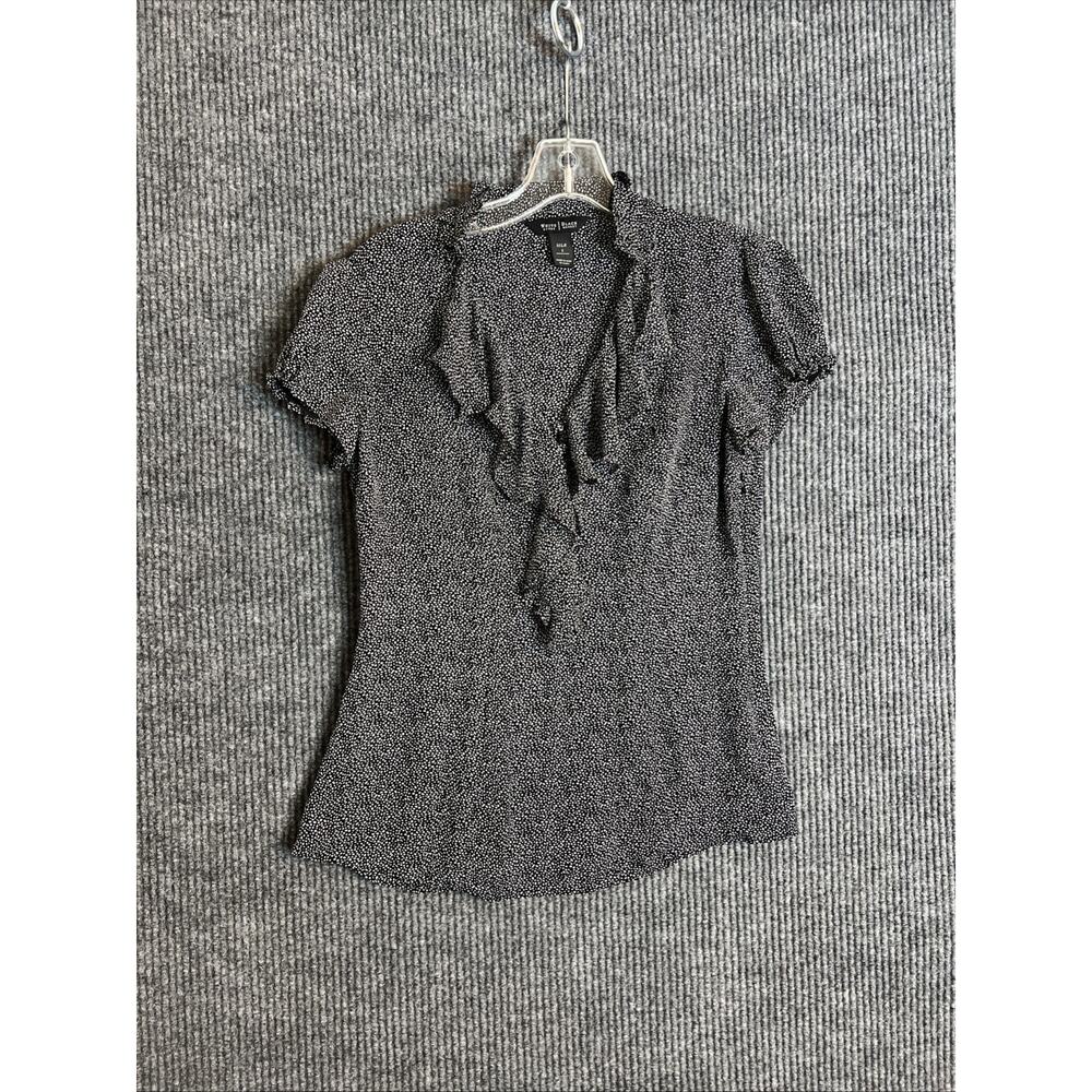 White House Black Market Womens Blouse Size 2 Spotted Silk Ruffle Short Sleeve